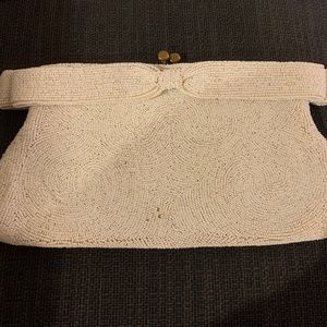 Vintage 1950s Saks Fifth Avenue WHITE BEADED BOW TOP Purse Hand Made in Belgium